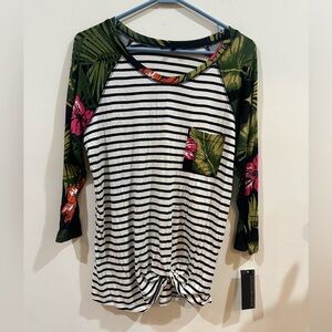 Signature Studio Black and White Striped Top with Floral Accents